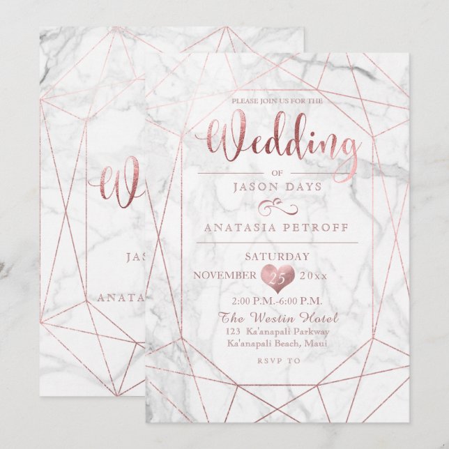 PixDezines Gemstone+Marble/Faux Rose Gold/Wedding Invitation (Front/Back)