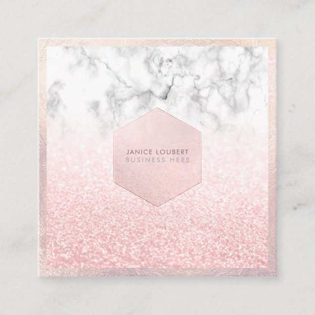 PixDezines Glam Faux Glitter, Pink Blush+Marble Square Business Card (Front)
