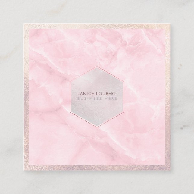 PixDezines Glam Pink Marble Rose Quartz Square Business Card (Front)