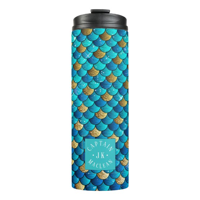 PixDezines Glitter Mermaid Scales, Aquatic Blues Thermal Tumbler (Front)