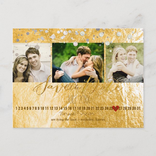 PixDezines gold/faux foil/photos save the date Announcement Postcard (Front)