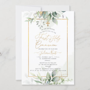 PixDezines Green Gold Eucalyptus 1stHoly Communion Invitation