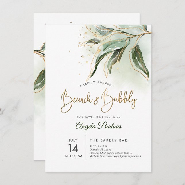 PixDezines Green Gold Eucalyptus Brunch Bubbly Invitation (Front/Back)