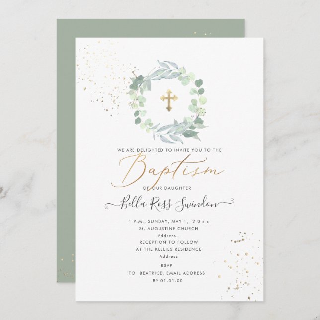 PixDezines Greenery Watercolor Eucalyptus Baptism Invitation (Front/Back)