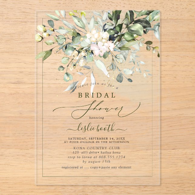 PixDezines Gum Eucalyptus Bridal Shower Acrylic Invitations (Front)