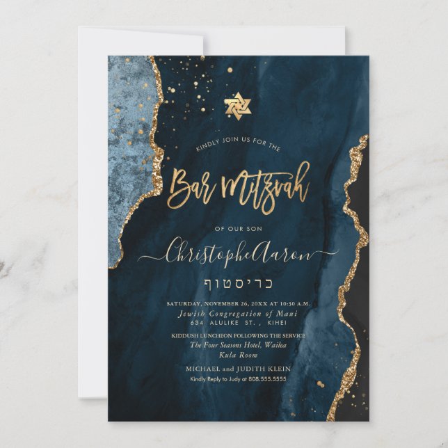 PixDezines H2 Agate, Slate Blue Gold Invitation (Front)