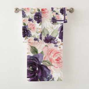 PixDezines H2 Aubergine n Blush Pink Roses Bath Towel Set