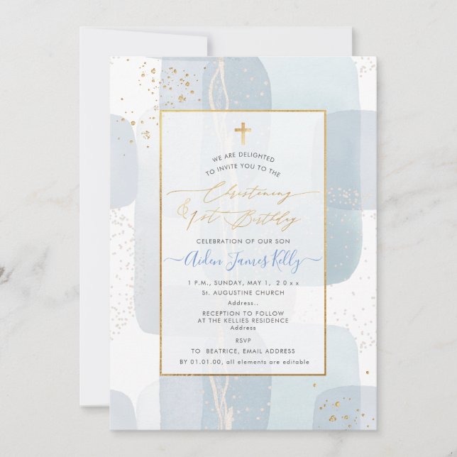 PixDezines H2 Blue Christening+1st Birthday Invitation (Front)
