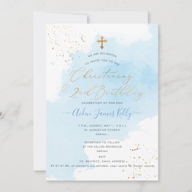 PixDezines H2 Blue Christening+2nd Birthday Invitation (Front)
