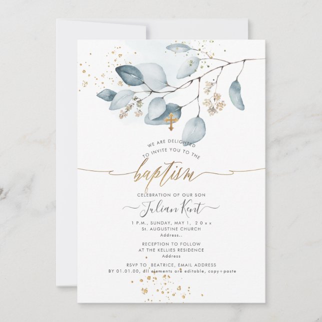 PixDezines H2 Blue Gum Eucalyptus Baptism Invitation (Front)