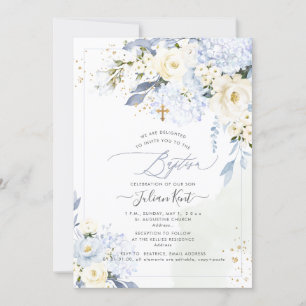 PixDezines H2 Blue Hydrangeas Cream Roses Baptism Invitation