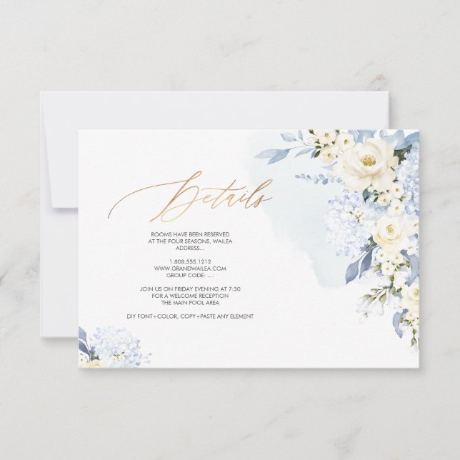 PixDezines H2 Blue Hydrangeas Cream Roses DETAILS Invitation (Front)