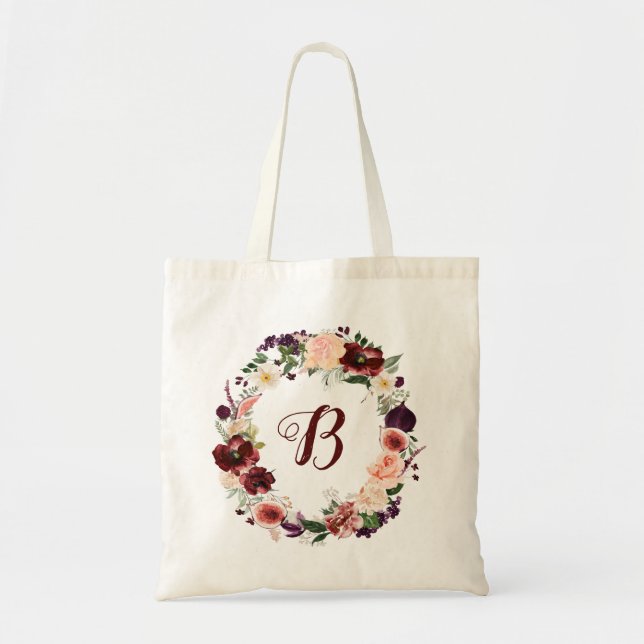 PixDezines H2 Blush Burgundy Flowers Bridal Shower Tote Bag (Front)