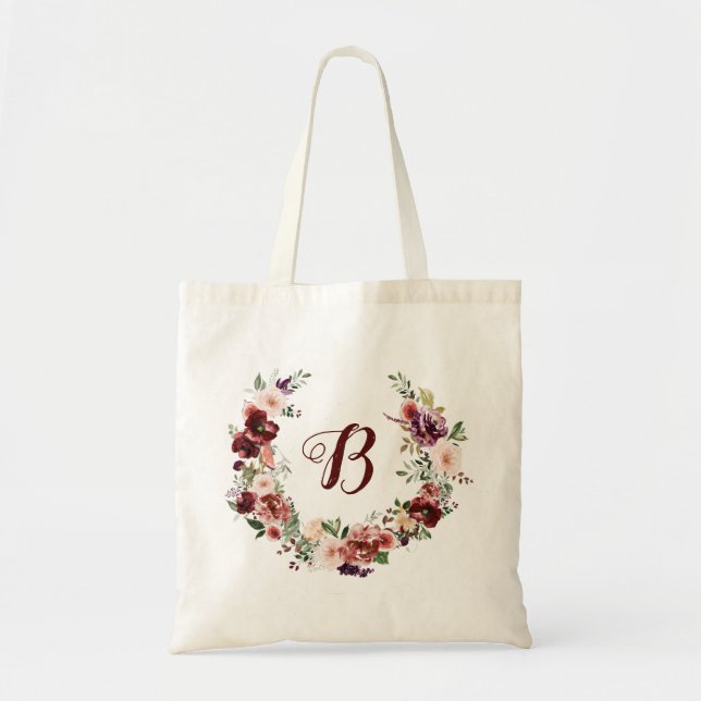 PixDezines H2 Blush Burgundy Flowers Bridal Shower Tote Bag (Front)