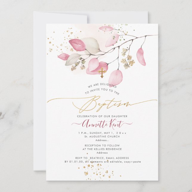 PixDezines H2 Blush Gum Eucalyptus Baptism Invitation (Front)