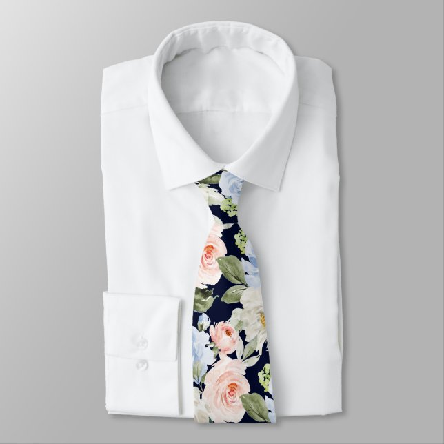 PixDezines H2 Blush Navy+Dusty Blue Roses Tie (Tied)