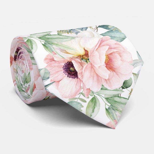 PixDezines H2 Blush Peonies Anemonies Eucalyptus Tie (Rolled)
