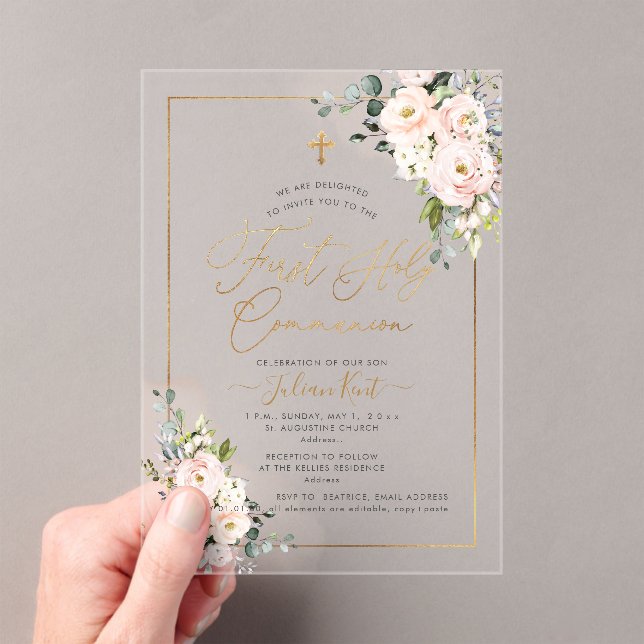 PixDezines H2 Blush Roses First Holy Communion  In Acrylic Invitations (Insitu (Handheld))