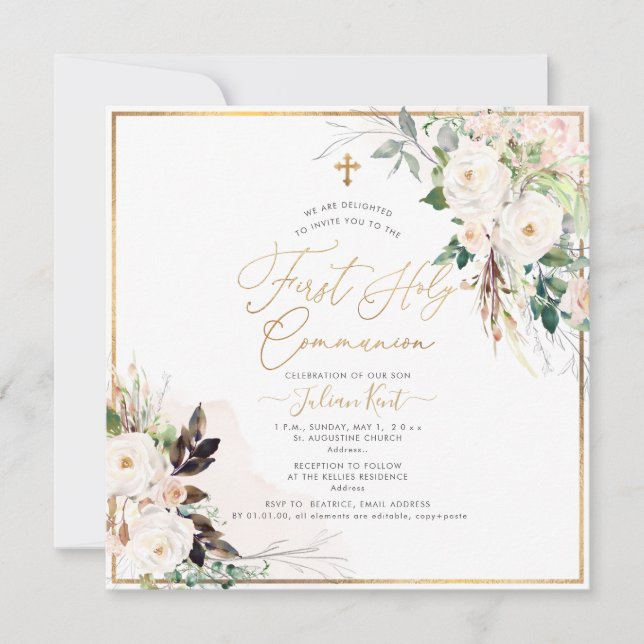 PixDezines H2 Blush Roses First Holy Communion Invitation (Front)