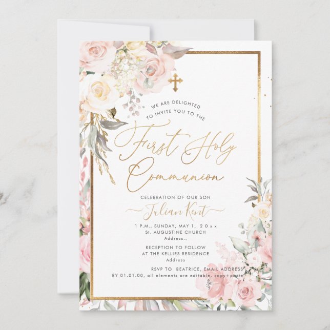 PixDezines H2 Blush Roses First Holy Communion Invitation (Front)