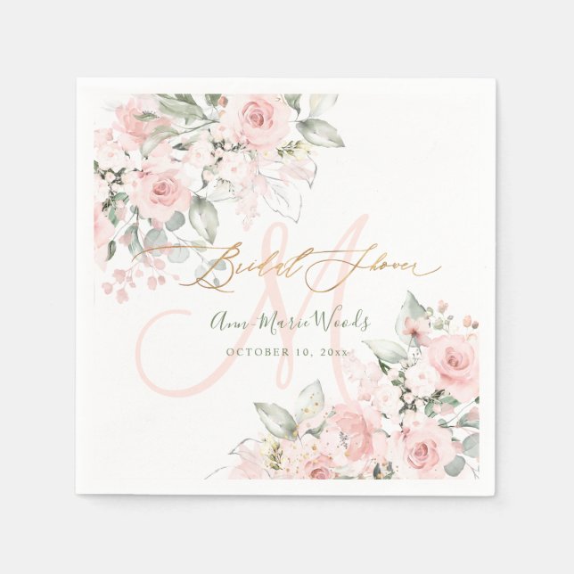 PixDezines H2 Blush Roses Monogram Bridal Shower Napkin (Front)