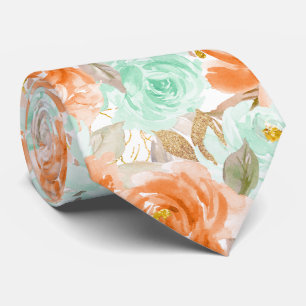 PixDezines H2 Coral Orange Green Roses Tie
