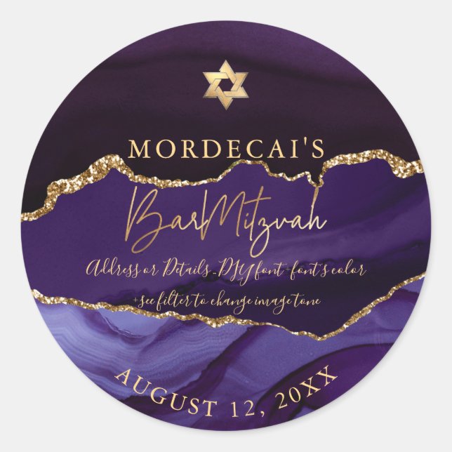 PixDezines H2 Dark Purple Agate Bar Mitzvah Classic Round Sticker (Front)