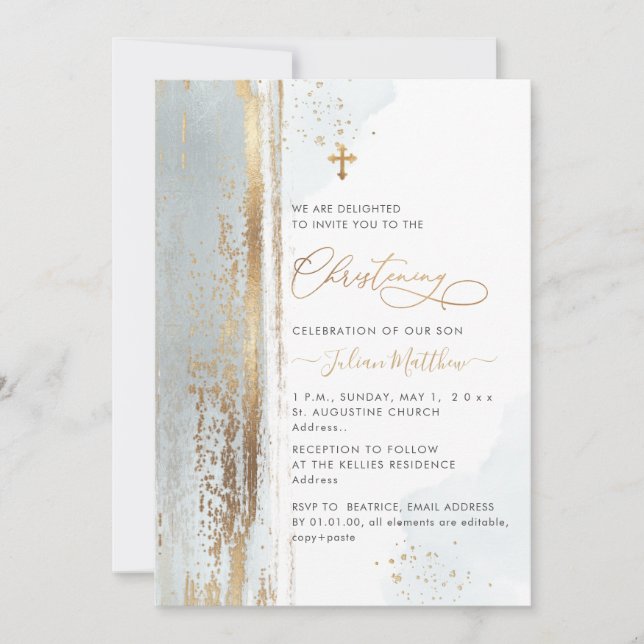 PixDezines H2 Dusty Blue Christening Invitation (Front)