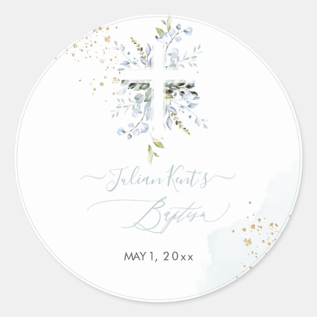 PixDezines H2 Dusty Blue Eucalyptus Baptism Classic Round Sticker (Front)