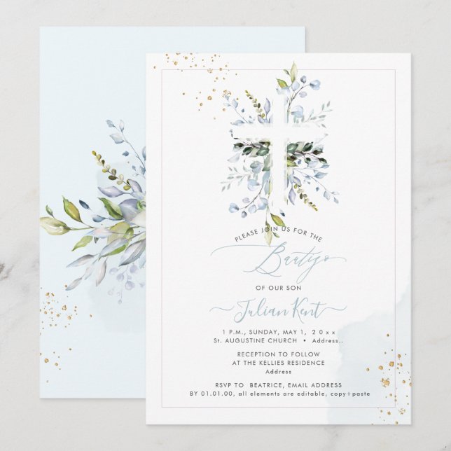 PixDezines H2 Dusty Blue Eucalyptus Bautizo Invitation (Front/Back)