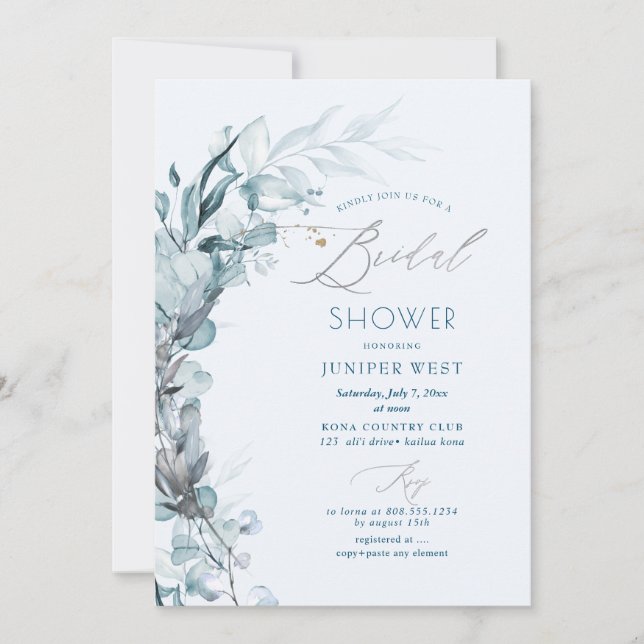 PixDezines H2 Dusty Blue Eucalyptus Bridal Shower Invitation (Front)