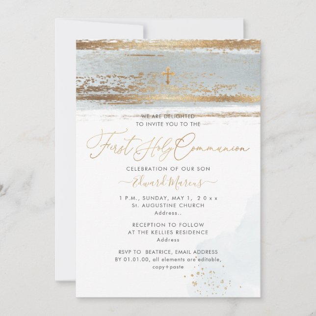 PixDezines H2 Dusty Blue First Holy Communion Invitation (Front)