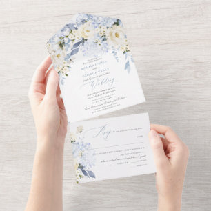 PixDezines H2 Dusty Blue Flowers Roses Hydrangea All In One Invitation