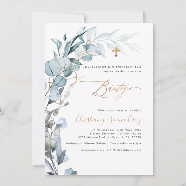 PixDezines H2 Dusty Blue Gum Eucalyptus Bautizo Invitation (Front)