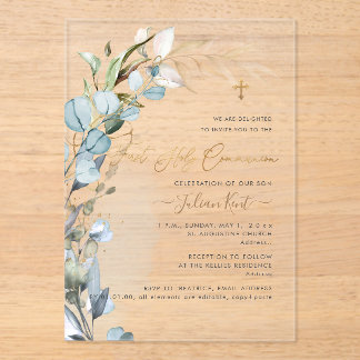 PixDezines H2 Dusty Blue Gum Foliage Communion  Acrylic Invitations