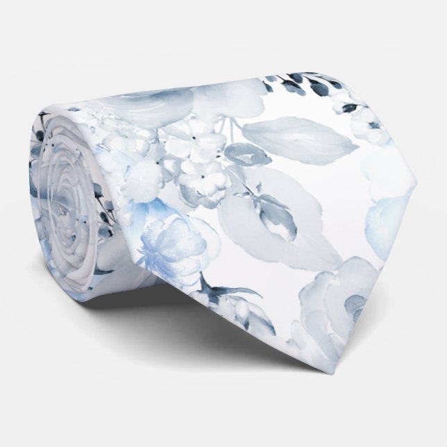 PixDezines H2 Dusty Blue Navy Roses Neck Tie (Rolled)