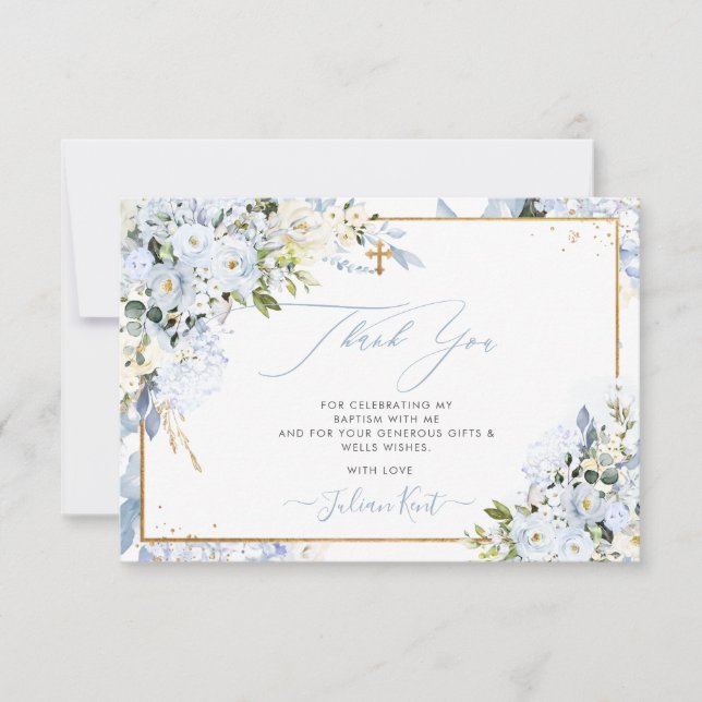 PixDezines H2 Dusty Blue Roses Baptism Thank You Invitation (Front)