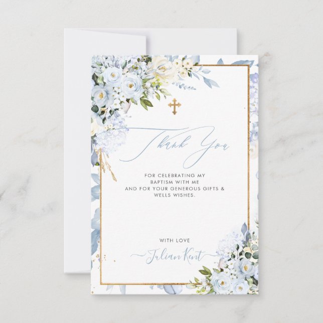 PixDezines H2 Dusty Blue Roses Baptism Thank You Invitation (Front)