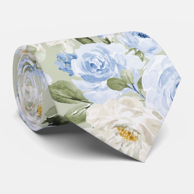PixDezines H2 Dusty Blue Roses Tie (Rolled)