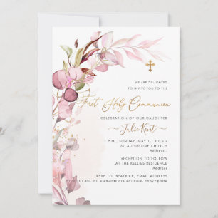 PixDezines H2 Dusty Blush Gum Foliage Communion Invitation