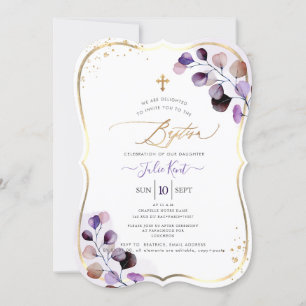 PixDezines H2 Dusty Purple Gum Eucalyptus Baptism  Invitation