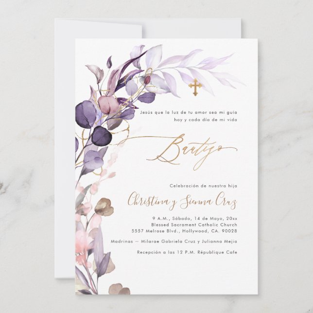 PixDezines H2 Dusty Purple Gum Eucalyptus Bautizo Invitation (Front)
