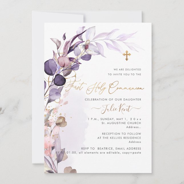 PixDezines H2 Dusty Purple Gum Foliage Communion Invitation (Front)