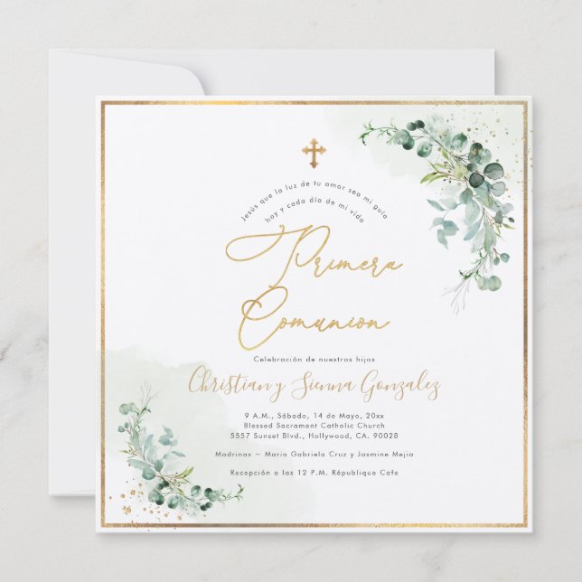 PixDezines H2 Eucalyptus Primera Comunion Invitation (Front)