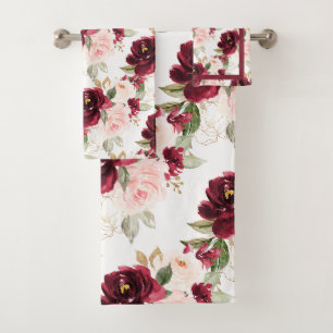 PixDezines H2 Flowers Blush Burgundy Roses Bath Towel Set