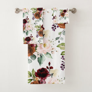 PixDezines H2 Flowers Blush Burgundy Rust Bath Towel Set