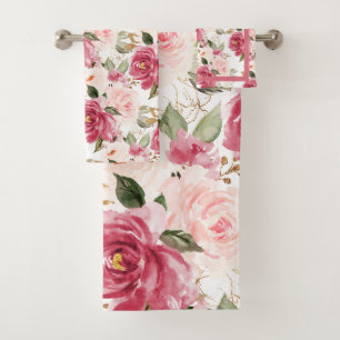 PixDezines H2 Flowers Raspberry Blush Pink Roses Bath Towel Set