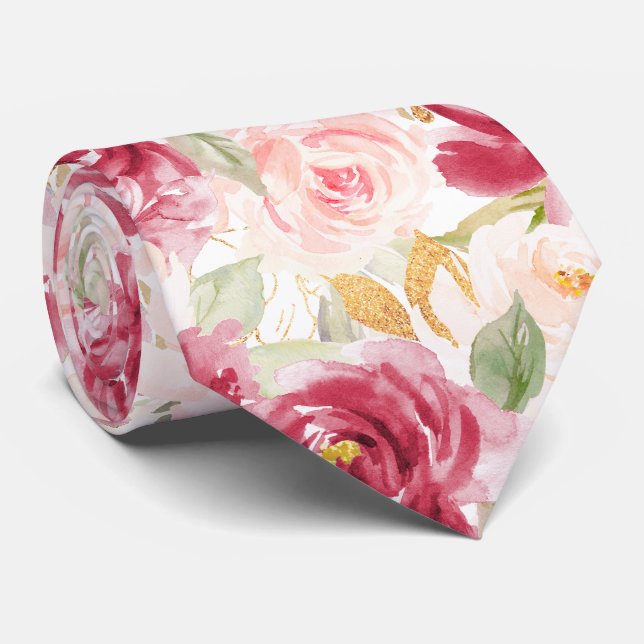 PixDezines H2 Flowers Raspberry Blush Pink Roses Tie (Rolled)