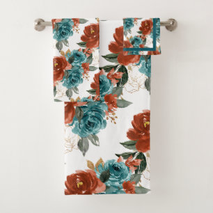 PixDezines H2 Flowers Teal Rust Orange Roses Bath Towel Set