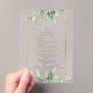 PixDezines H2 Green Gold Eucalyptus Baptism Acrylic Invitations